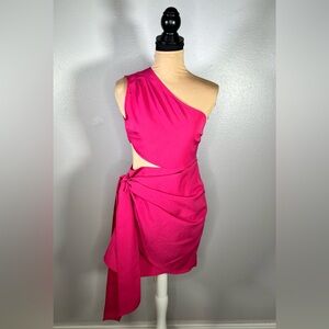 Hot pink asymmetrical cut out one shoulder draped wrap mini dress S Barbiecore